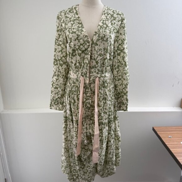 Jonathan Simkhai Green Floral Long Sleeve Dress with Tie Waist Women's 0 - Picture 4 of 5